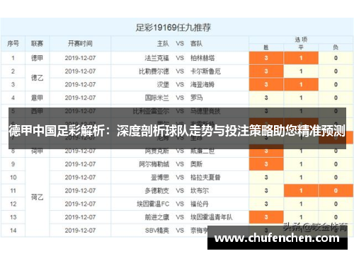 德甲中国足彩解析：深度剖析球队走势与投注策略助您精准预测